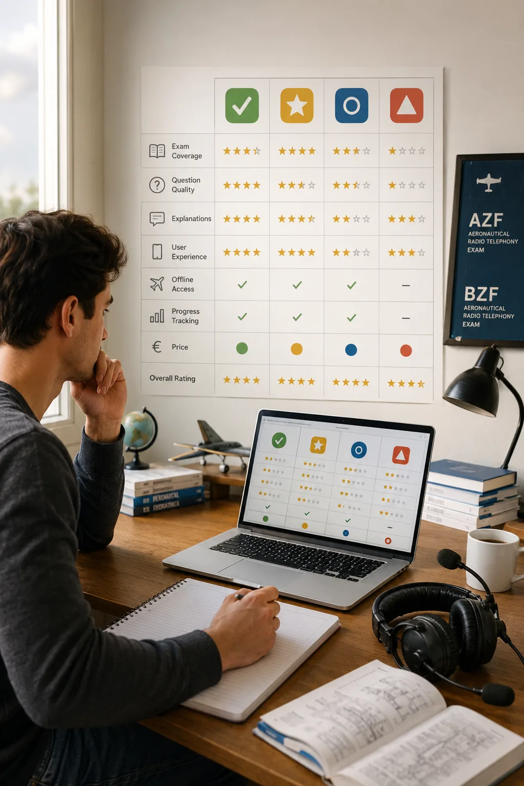 Personne à un bureau comparant des apps de préparation à l'examen aéronautique à côté d'un tableau comparatif